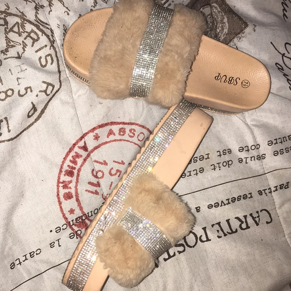Beige Rhinestone Platform Slides - Picture 1 of 3